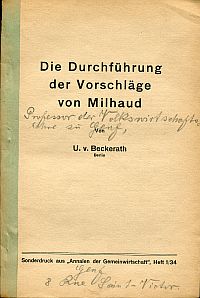 Beckerath, Die Durchführung der Vorschläge von Milhaud. (Umschlag)